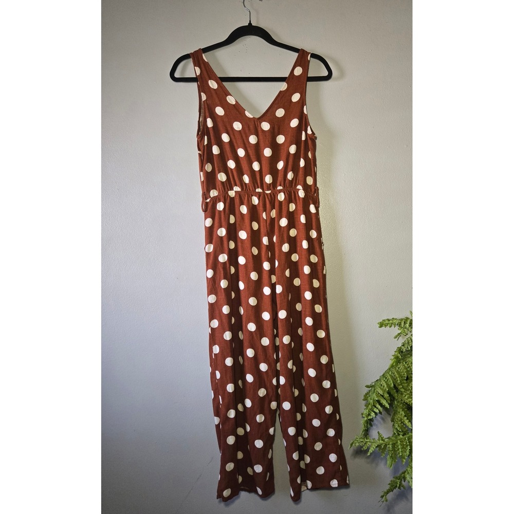 Monteau Polka Dot Brown Jumpsuit Medium Wide Leg Button Front - Picture 9 of 10